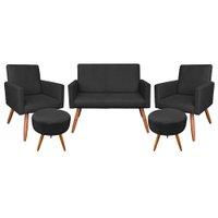 Kit Namoradeira 2 Poltronas e 2 Puffs Redondo Nina Suede Preto Pés Palito Castanho - Pallazio