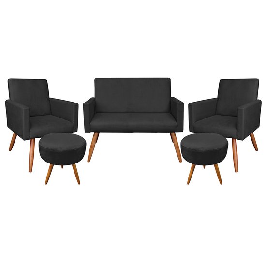 Kit Namoradeira 2 Poltronas e 2 Puffs Redondo Nina Suede Preto Pés Palito Castanho - Pallazio