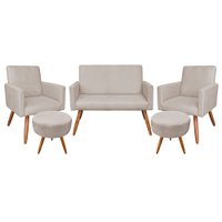 Kit Namoradeira 2 Poltronas e 2 Puffs Redondo Nina Suede Bege Pés Palito Castanho - Pallazio