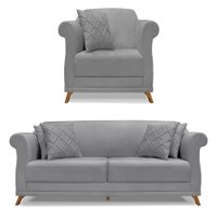 Kit Poltrona e Sofá Living 2 Lugares 1,80m Vênus Linho Grafite Pés Castanho - Pallazio