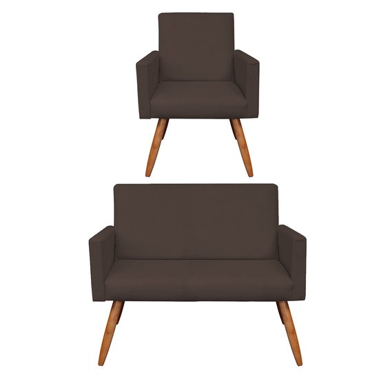 Kit Poltrona e Namoradeira Nina Suede Marrom Pés Palito Castanho - Pallazio