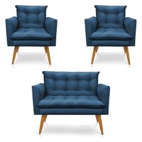 Kit 2 Poltronas e Namoradeira 2 Lugares Olivia Suede Azul Marinho Pés Palito Castanho - Pallazio