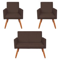 Kit 2 Poltronas e Namoradeira Nina Suede Marrom Pés Palito Castanho - Pallazio