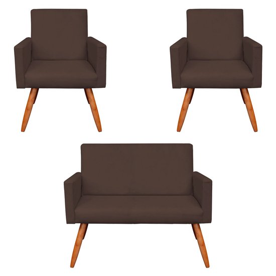 Kit 2 Poltronas e Namoradeira Nina Suede Marrom Pés Palito Castanho - Pallazio