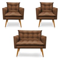 Kit 2 Poltronas e Namoradeira 2 Lugares Olivia Suede Marrom Pés Palito Castanho - Pallazio