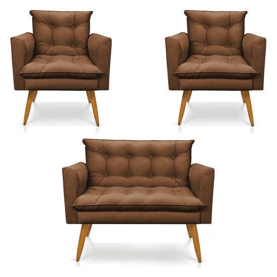 Kit 2 Poltronas e Namoradeira 2 Lugares Olivia Suede Marrom Pés Palito Castanho - Pallazio