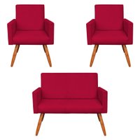 Kit 2 Poltronas e Namoradeira Nina Suede Vermelho Pés Palito Castanho - Pallazio