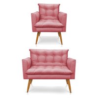 Kit Poltrona e Namoradeira 2 Lugares Olivia Suede Rosê Pés Palito Castanho - Pallazio