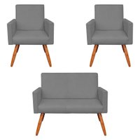 Kit 2 Poltronas e Namoradeira Nina Suede Grafite Pés Palito Castanho - Pallazio
