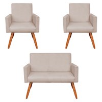 Kit 2 Poltronas e Namoradeira Nina Suede Bege Pés Palito Castanho - Pallazio