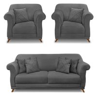 Kit 2 Poltronas e Sofá Living 2 Lugares 1,80m Vênus Suede Cinza Pés Castanho - Pallazio