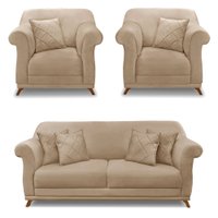 Kit 2 Poltronas e Sofá Living 2 Lugares 1,80m Vênus Suede Bege Pés Castanho - Pallazio