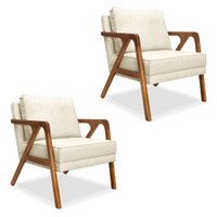 Kit 2 Poltronas Decorativa Luiza Linho Natural Base em Madeira Castanho - Pallazio