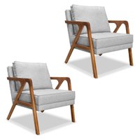 Kit 2 Poltronas Decorativa Luiza Linho Cinza Base em Madeira Castanho - Pallazio