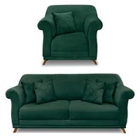 Kit Poltrona e Sofá Living 2 Lugares 1,60m Vênus Veludo Verde Floresta Pés Castanho - Pallazio