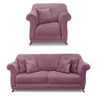 Kit Poltrona e Sofá Living 2 Lugares 1,60m Vênus Veludo Uva Pés Castanho - Pallazio