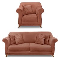 Kit Poltrona e Sofá Living 2 Lugares 1,60m Vênus Veludo Cobre Pés Castanho - Pallazio