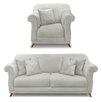 Kit Poltrona e Sofá Living 2 Lugares 1,60m Vênus Veludo Cinza Prata Pés Castanho - Pallazio
