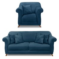 Kit Poltrona e Sofá Living 2 Lugares 1,60m Vênus Veludo Azul Marinho Pés Castanho - Pallazio