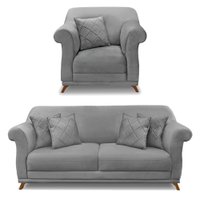 Kit Poltrona e Sofá Living 2 Lugares 1,80m Vênus Veludo Cinza Grafite Pés Castanho - Pallazio