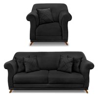 Kit Poltrona e Sofá Living 2 Lugares 1,80m Vênus Veludo Preto Pés Castanho - Pallazio