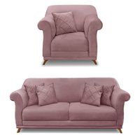 Kit Poltrona e Sofá Living 2 Lugares 1,80m Vênus Veludo Lilás Pés Castanho - Pallazio