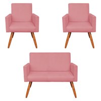 Kit 2 Poltronas e Namoradeira Nina Veludo Rosê Pés Palito Castanho - Pallazio