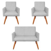 Kit 2 Poltronas e Namoradeira Nina Veludo Cinza Pés Palito Castanho - Pallazio