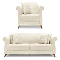 Kit Poltrona e Sofá Living 2 Lugares 1,80m Vênus Linho Natural Pés Castanho - Pallazio