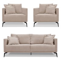 Kit 2 Poltronas e Sofá Living 2 Lugares 1,60m Sirius Linho Areia Pés Metálicos - Pallazio