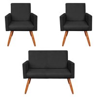 Kit 2 Poltronas e Namoradeira Nina Veludo Preto Pés Palito Castanho - Pallazio