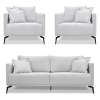 Kit 2 Poltronas e Sofá Living 2 Lugares 1,60m Sirius Linho Cinza Pés Metálicos - Pallazio