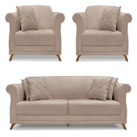Kit 2 Poltronas e Sofá Living 2 Lugares 1,60m Vênus Linho Areia Pés Castanho - Pallazio