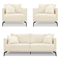 Kit 2 Poltronas e Sofá Living 2 Lugares 1,60m Sirius Linho Bege Pés Metálicos - Pallazio