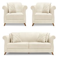 Kit 2 Poltronas e Sofá Living 2 Lugares 1,60m Vênus Linho Natural Pés Castanho - Pallazio