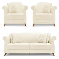 Kit 2 Poltronas e Sofá Living 2 Lugares 1,60m Vênus Linho Bege Pés Castanho - Pallazio