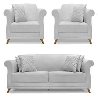 Kit 2 Poltronas e Sofá Living 2 Lugares 1,60m Vênus Linho Cinza Pés Castanho - Pallazio
