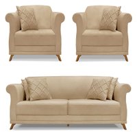 Kit 2 Poltronas e Sofá Living 2 Lugares 1,80m Vênus Linho Dourado Pés Castanho - Pallazio