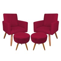 Kit 2 Poltronas e 2 Puffs Banqueta Redonda Nina Veludo Vermelho Pés Palito Castanho - Pallazio