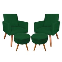 Kit 2 Poltronas e 2 Puffs Banqueta Redonda Nina Veludo Verde Pés Palito Castanho - Pallazio