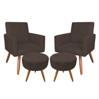 Kit 2 Poltronas e 2 Puffs Banqueta Redonda Nina Veludo Marrom Pés Palito Castanho - Pallazio