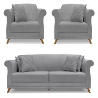 Kit 2 Poltronas e Sofá Living 3 Lugares 2,20m Vênus Linho Grafite Pés Castanho - Pallazio