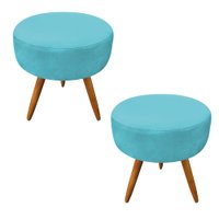 Kit 2 Puffs Banqueta Redonda Nina Suede Azul Turquesa Pés Palito Castanho - Pallazio