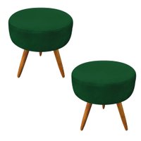 Kit 2 Puffs Banqueta Redonda Nina Suede Verde Pés Palito Castanho - Pallazio