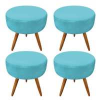 Kit 4 Puffs Banqueta Redonda Nina Suede Azul Turquesa Pés Palito Castanho - Pallazio