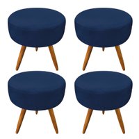 Kit 4 Puffs Banqueta Redonda Nina Suede Azul Marinho Pés Palito Castanho - Pallazio