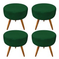 Kit 4 Puffs Banqueta Redonda Nina Suede Verde Pés Palito Castanho - Pallazio
