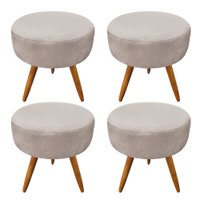 Kit 4 Puffs Banqueta Redonda Nina Suede Bege Pés Palito Castanho - Pallazio