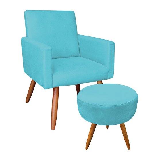 Kit Poltrona e Puff Banqueta Redonda Nina Suede Azul Turquesa Pés Palito Castanho - Pallazio