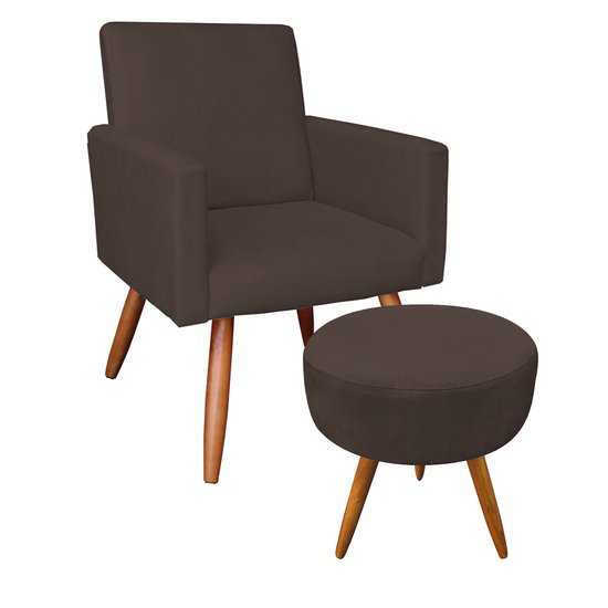 Kit Poltrona e Puff Banqueta Redonda Nina Suede Marrom Pés Palito Castanho - Pallazio